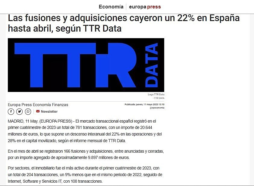 Las fusiones y adquisiciones cayeron un 22% en Espaa hasta abril, segn TTR Data